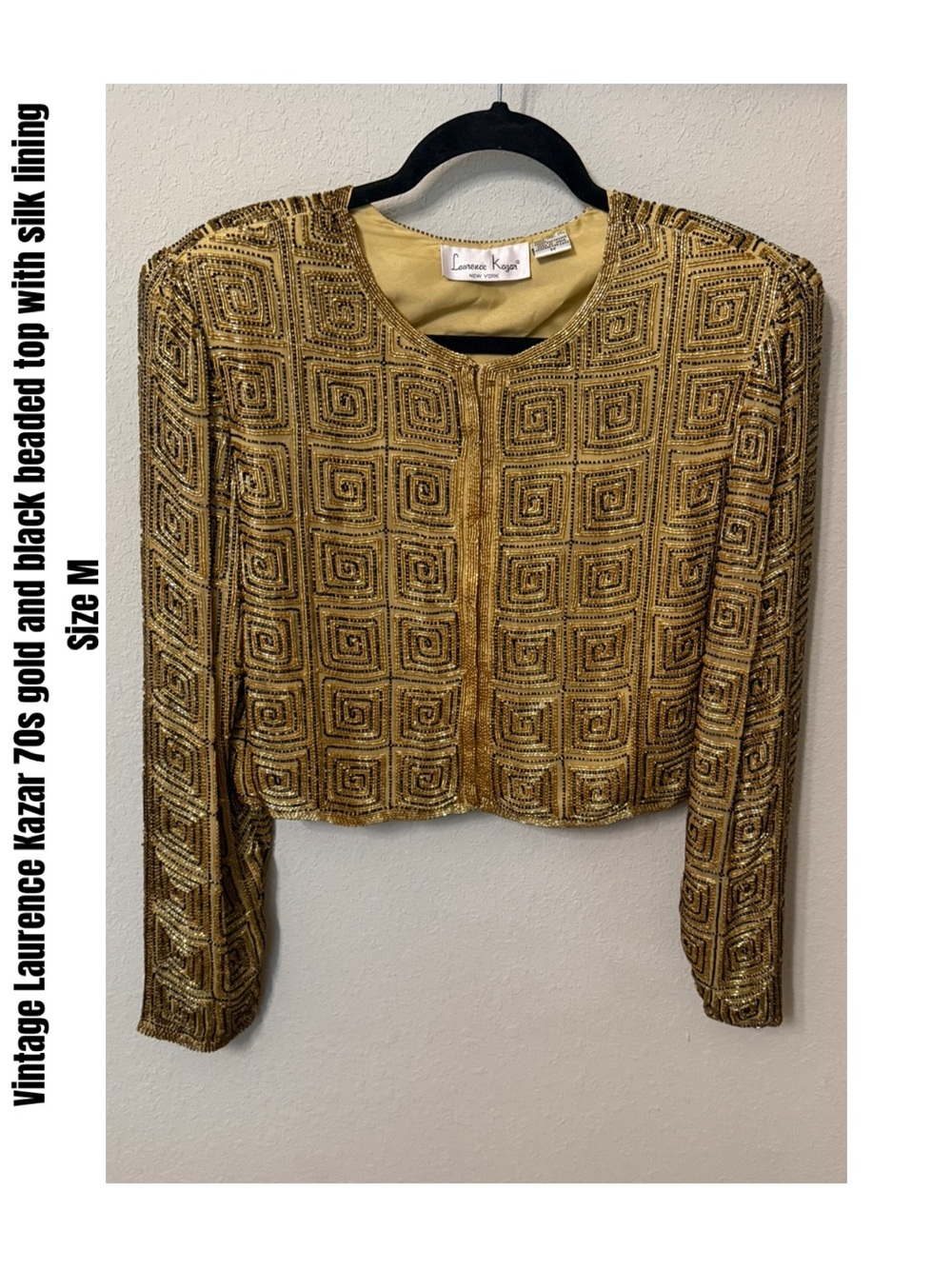 Vintage Laurence Kazar 70s gold and black beaded top with silk lining Size M